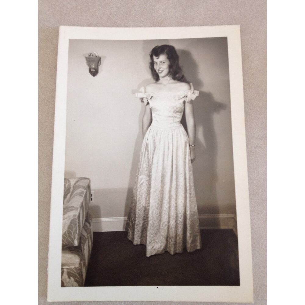 Vtg 1946 Prom Dress Smile B&W Female Portrait Gown Snapshot Photo Photograph